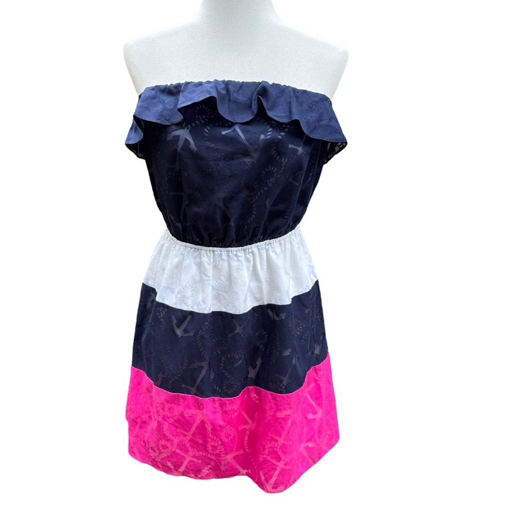 Lilly Pulitzer Libby Strapless Dress M Anchor Print Colorblock Nautical Summer - Picture 13 of 13